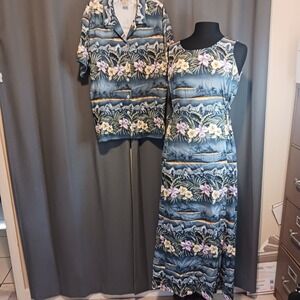 Vintage Teddi Tropical Safari Zebra Floral Maxi Dress & Shirt Set Blue Medium